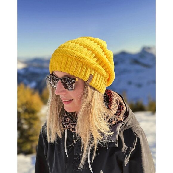 Women\'s Knitted Beanie Yellow Cozy Skull Ski Hats Cap Winter Warm Slouchy Design